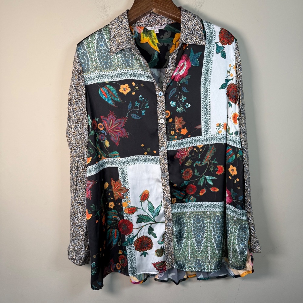 John Mark Multicolor Floral Patchwork Button Down… - image 1